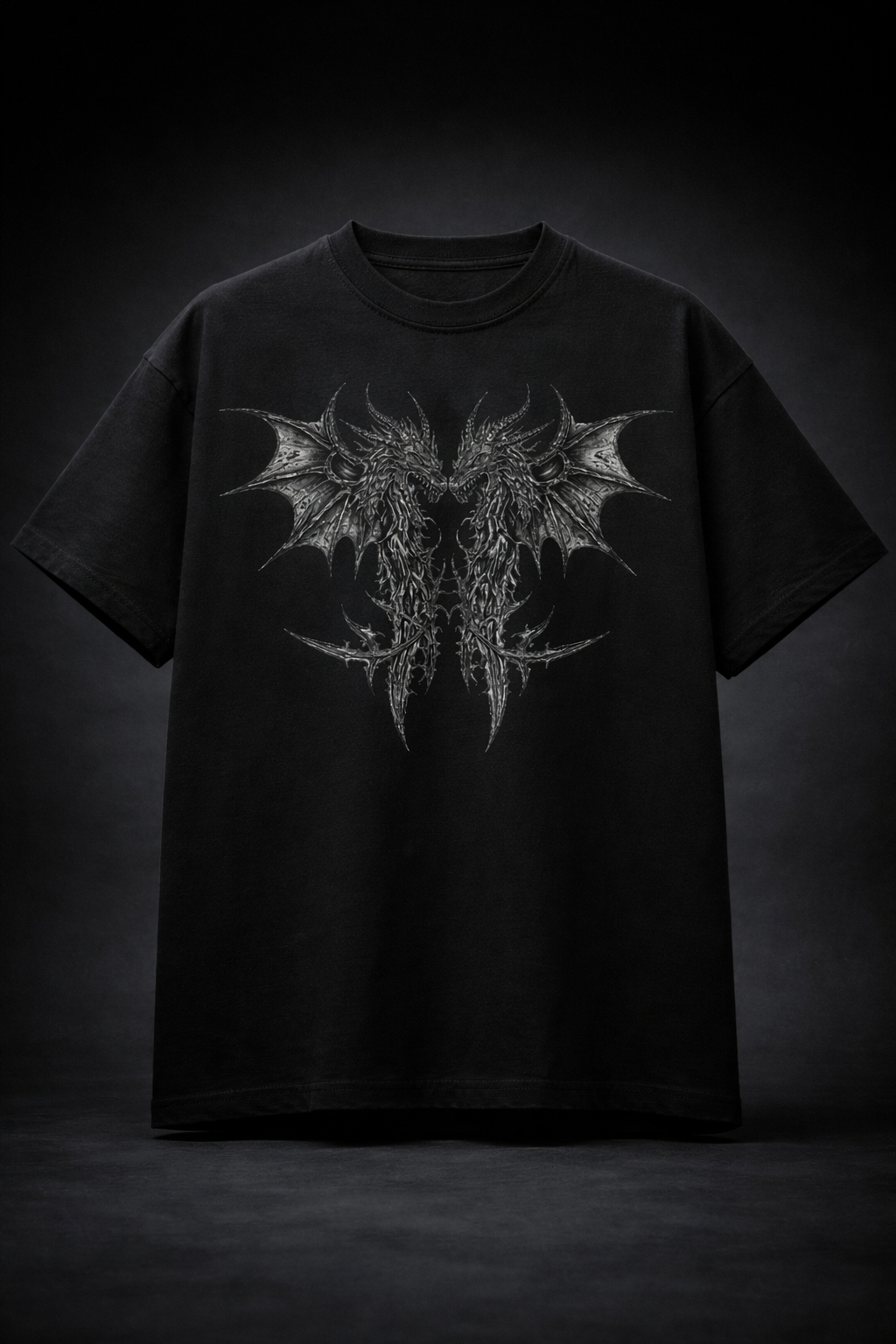 Twin Dragon Gothic Oversized T-Shirt – Black Streetwear Edition