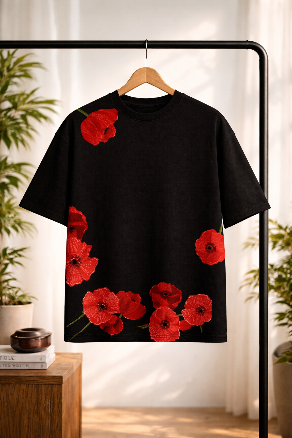 Midnight Poppy Oversized T-Shirt – Red Floral Aesthetic Edition