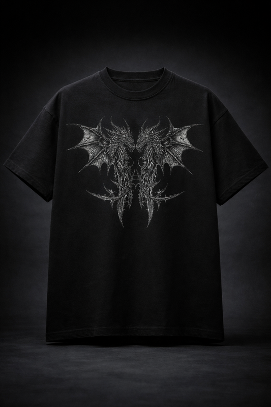 Twin Dragon Gothic Oversized T-Shirt – Black Streetwear Edition