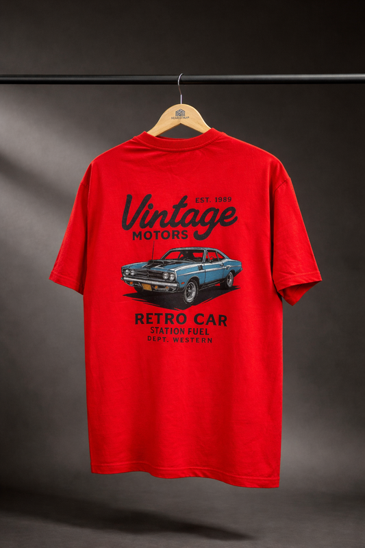 Classic Vintage Motors Graphic Tee – Red Oversized Fit